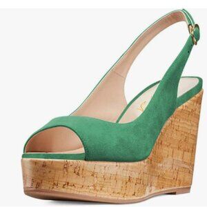 FOWT Green Peep Toe Slingback Platform Wedge High Heel Buckle Open Toe Sandals